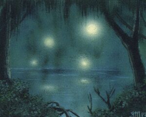 Will O'Wisps are flickering fairy lights seen over water and marshland at night