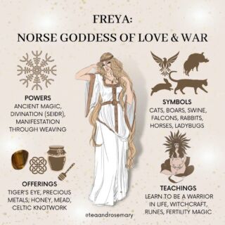 Freya is a goddess of beauty and lends her aid to glamour magic workings. Freya is a wonderful guiding presence because she can teach about so many facets of life.⁣
⁣
Here are some of the important things you need to know about Freya: Norse Goddess Of Love & War⁣
⁣
✨𝗣𝗼𝘄𝗲𝗿𝘀: Ancient magic, divination (seiðr), manifestation through weaving⁣
✨𝗢𝗳𝗳𝗲𝗿𝗶𝗻𝗴𝘀: Tiger's eye, precious metals, honey, mead, Celtic knotwork⁣
✨𝗦𝘆𝗺𝗯𝗼𝗹𝘀: Cats, boars, swine, falcons, rabbits, horses, ladybugs⁣
✨𝗧𝗲𝗮𝗰𝗵𝗶𝗻𝗴𝘀: Learn to be a warrior in life, witchcraft, runes, fertility magic⁣
⁣
The stunning artwork of Freya by: Norse mythology Club ✨⁣
⁣
Read more about Freya in my blog: Freya: 𝗧𝗵𝗲 𝗚𝗼𝗱𝗱𝗲𝘀𝘀 𝗔𝗿𝗰𝗵𝗲𝘁𝘆𝗽𝗲 & 𝗛𝗼𝘄 𝗧𝗼 𝗪𝗼𝗿𝗸 𝗪𝗶𝘁𝗵 𝗛𝗲𝗿. link in bio

#freya #freyagoddess #mythical #mythicalcreatures #myths #greekgods #greekgod #greekgoddess #goddessworship #modernwitchcraft #witchlife #witchcrafts #witchessociety #witchesofinstagram🔮🌙 #witching #witchyways #witchtips #magickal #beginnerwitch #newwitch